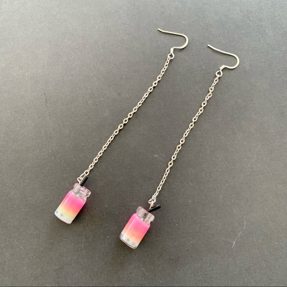 Pink & Green Bubble Tea Resin Bead Long Drop Earrings - Picture 2 of 4